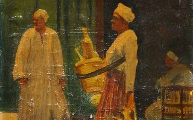 British School, early 20th century- An Arab market, 1920; oil on canvas, signed with initials and dated lower right 'A.E.C. 1920', 20.4 x 15.2 cm (ARR) (unframed)