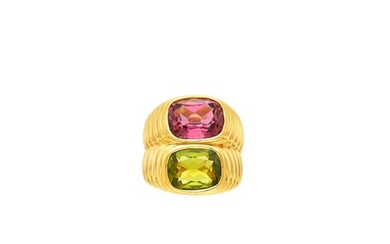 Bulgari Gold, Pink Tourmaline and Peridot Ring
