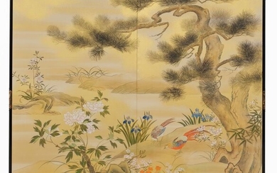 Byobu - Lacquer, Paper, Wood - Bird, Pine tree, Chrysanthemum - Kôkan 光観 - Big two panel room divider with an attractive bird and nature design, signed - Japan - Heisei period (1989-present)