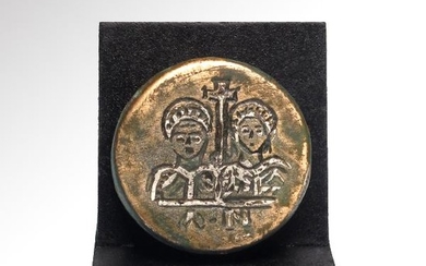 Byzantine Silver Inlaid Bronze Weight with Head of
