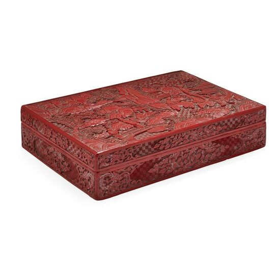 CARVED CINNABAR LACQUER RECTANGULAR BOX AND COVER QING