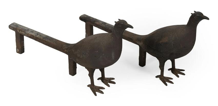 CAST IRON PHEASANT ANDIRONS First Half of the 20th