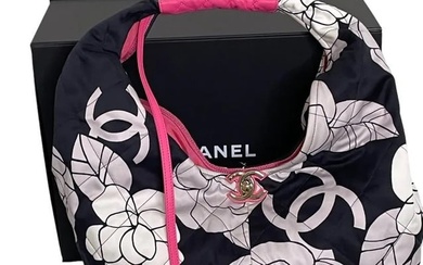 CHANEL CAMELLIA CC HOBO QUILTED PRINTED SATIN SHOULDER BAG W/POUCH