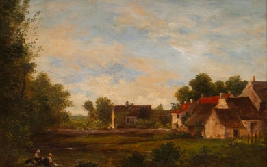 CHARLES FRANCOIS DAUBIGNY (FRENCH/AMER, 1817-78), OIL ON PANEL, 1872, H 11", W 15", BUCOLIC VILLAGE