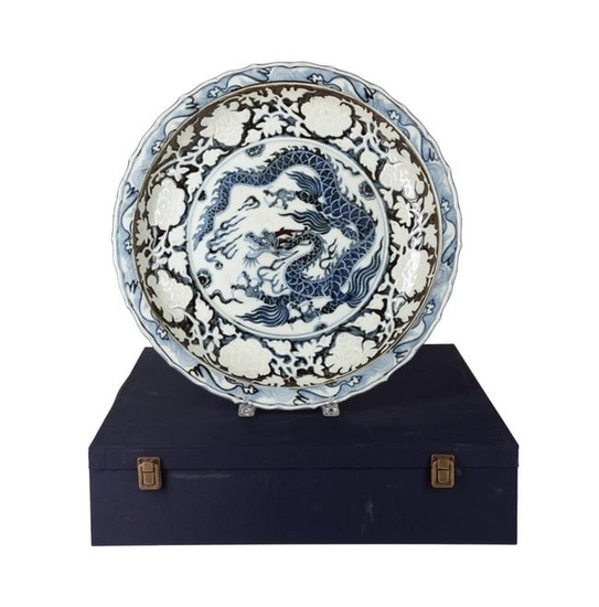 CHINESE BLUE & WHITE DRAGON CHARGER W/ BOX