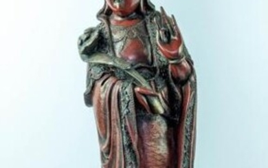 CHINESE CARVED FIGURE OF GUANYIN, Qing dynasty lacquered wood...