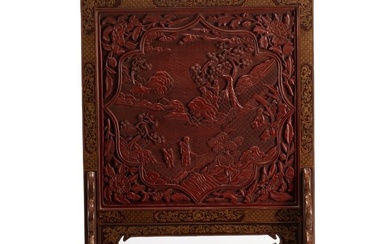 CHINESE CARVED RED CINNABAR TABLE SCREEN
