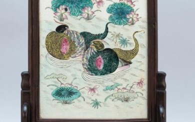 CHINESE FAMILLE VERTE PORCELAIN TILE PAINTING Depicts two waterfowl swimming amongst water lilies. 13" x 9.5" sight. Housed in a car...
