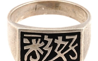 CHINESE STERLING SILVER ENAMEL GOOD LUCK RING