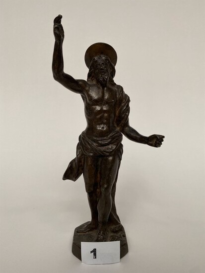 CHRIST auréolé bénissant, sujet en bronze à belle patine médaille reposant sur un socle octogonal...