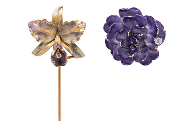 COLLECTION OF ANTIQUE ENAMEL AND DIAMOND FLOWER BROOCHES