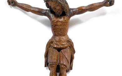 CORPUS CHRISTIAlpine, South Tyrol c. 1400.Bois entièrement arrondi sculpté et serti. H 46 cm. Pièces...