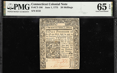 CT-186. Connecticut. June 1, 1775. 20 Shillings. PMG Gem Uncirculated 65 EPQ.