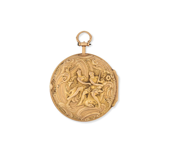 Cabrier, London. A gold key wind pair case pocket watch with repoussé decoration