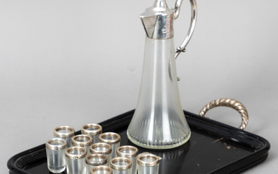 Carafe with twelve shot glasses on tray, glass/silver, Austria, 1886 - 1922 (14).