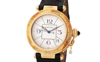 Cartier – Fine and Charming Pasha Automatic Wristwatch in Yellow Gold, Reference 820 903, With Silvered Dial and Box