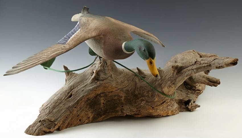 Carved Wood Mallard Duck In Flight, 20th c., presented