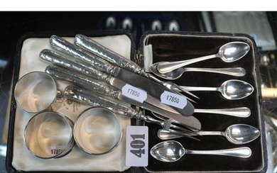 Cased Set of Silver Teaspoons, 3 Silver Napkin rings and a c...