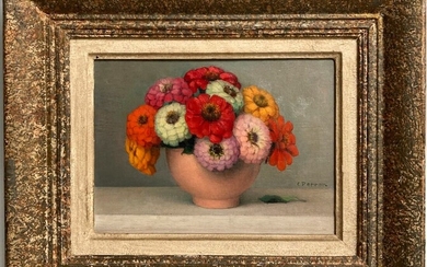Charles Clément PERRON (1893-1958) Bouquet de fleurs dans un bol rose Huile sur panneau signée...