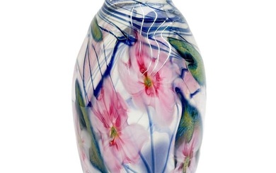 Charles Lotton Multi Flora Art Glass Vase 11.5 inches Pink Flowers Signed