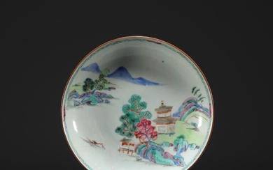 China - Famille rose porcelain plate with landscape design.