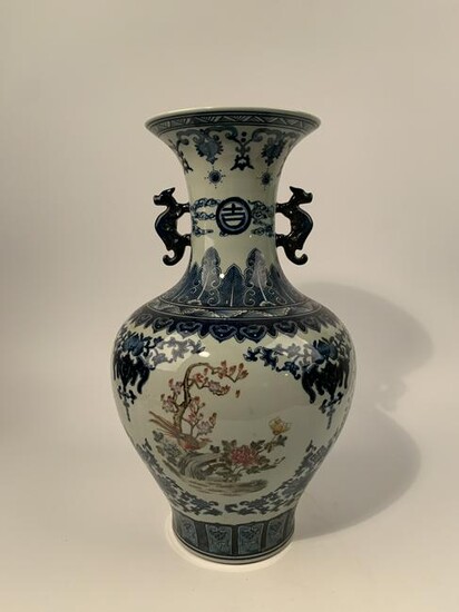 Chinese Famille Rose and Blue Vase Qing Long Mark