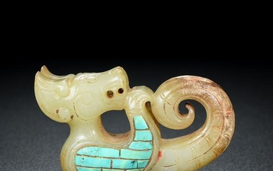 Chinese Hetian Jade Inlay Turquoise Dragon Pendant