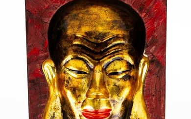 Chinese Signed Lacquered Buddha Face Wall Mask