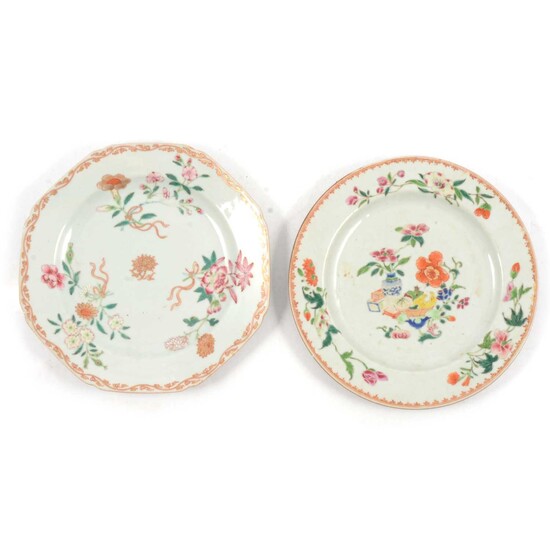 Chinese porcelain octagonal shape plate, and another polychrome decorated Chinese plate.