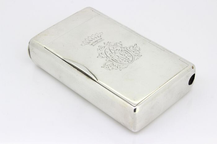 Cigarette box, Antique Cigarette case with monogram over a crown - .875 (84 Zolotniki) silver - PK - Russia - Second half 19th century