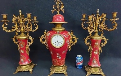 Circa 1880's Bronze & Hand Painted Porcelain French 3 pc outstanding clock set with porcelain dial &