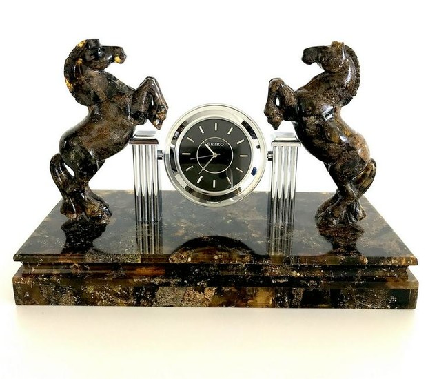 Collectible Baltic amber clock hand carved horses