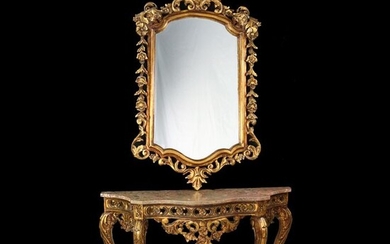 Console and mirror in gilt - Rococo - Wood - Early 20th century
