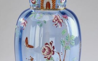 Continental enameled blue glass vase