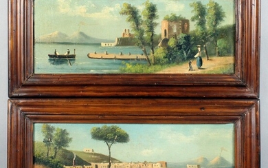 Coppia di vedute del Golfo di Napoli, olio su tela, cm. 15x40, primi '900, entro cornice.