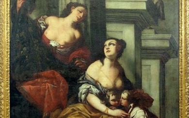 Cornelia presenta i suoi figli Tiberio e Gaio Sempronio Gracco a una matrona che le aveva mostrato i suoi gioielli, olio su tela, cm 149x112, entro cornice, Francesco Ruschi (Roma, 1610 - Treviso, 1661)