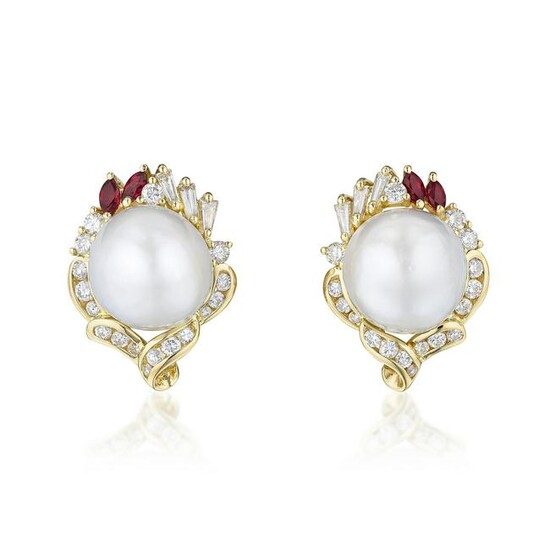 Cultured Pearl Diamond and Ruby Earrings