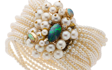 Cultured Pearl, Opal, Diamond, Gold Bracelet The bracelet features...