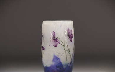 DAUM Nancy - Small enamelled multi-layered glass vase with violets...