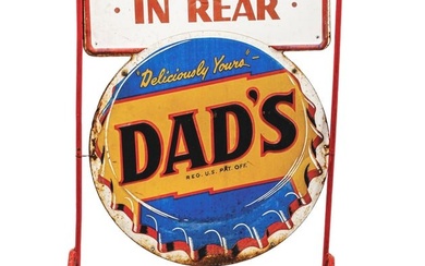DELICIOUSLY YOURS DAD'S ROOT BEER SELF FRAMED EMBOSSED TIN SIGN W/ ADDED CURB STAND