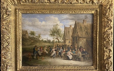 D'après David II TENIERS (1610-1690), Ecole Flamande Début du XIXème Scène de village Huile sur...