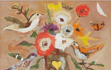 § David McClure R.S.A., R.S.W. (Scottish 1926-1998) BIRDS AND FLOWERS FOR ST. VALENTINE'S DAY, 1993