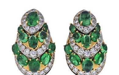 David Webb Platinum & 18K Yellow Gold Diamond And Green Emerald Earrings