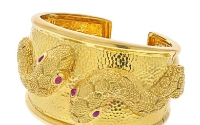 David Webb Platinum & 18K Yellow Gold Double Snake Textured Cuff Bracelet