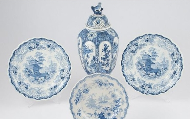 Delft Lidded Jar and English Transferware Plates