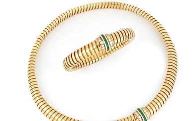 Demi-parure composée d'un collier et d'un bracelet tubogas en or jaune 18K avec diamants taille...