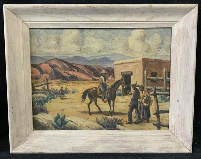 Desert Pueblo Scene Oil on Canvas Board