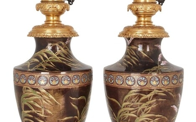 Designer Unknown, Pair of French Aesthetic Movement 'Japonisme' lamps, circa 1880, Glazed ceramic, gilt metal mount, Unmarked, 50.5cm high