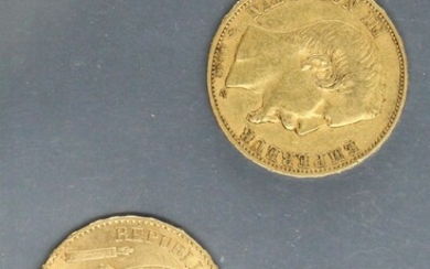 Deux pièces en or de 20 francs : - Napoléon tête nue 1858 A -...