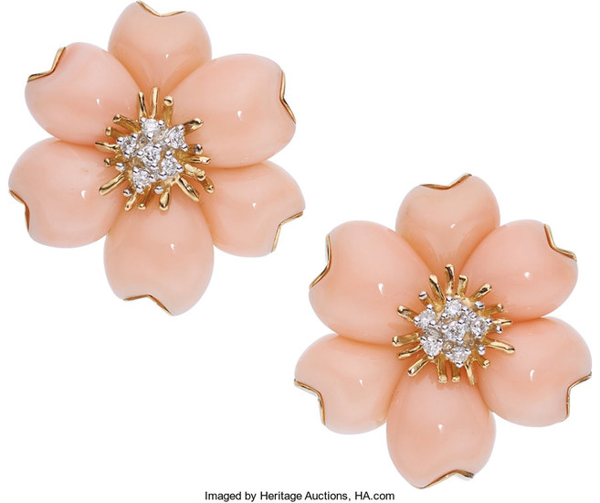 Diamond, Coral, Gold Earrings The flower earrings feature full-cut...